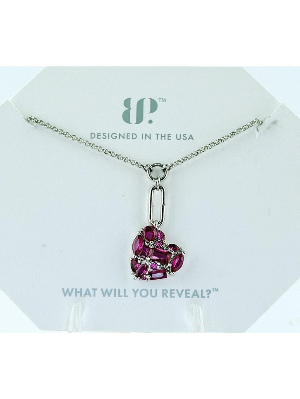 Bomb Party RARE July Necklace "Lost In Words" on Rhodium Heart RETRO RBP6233